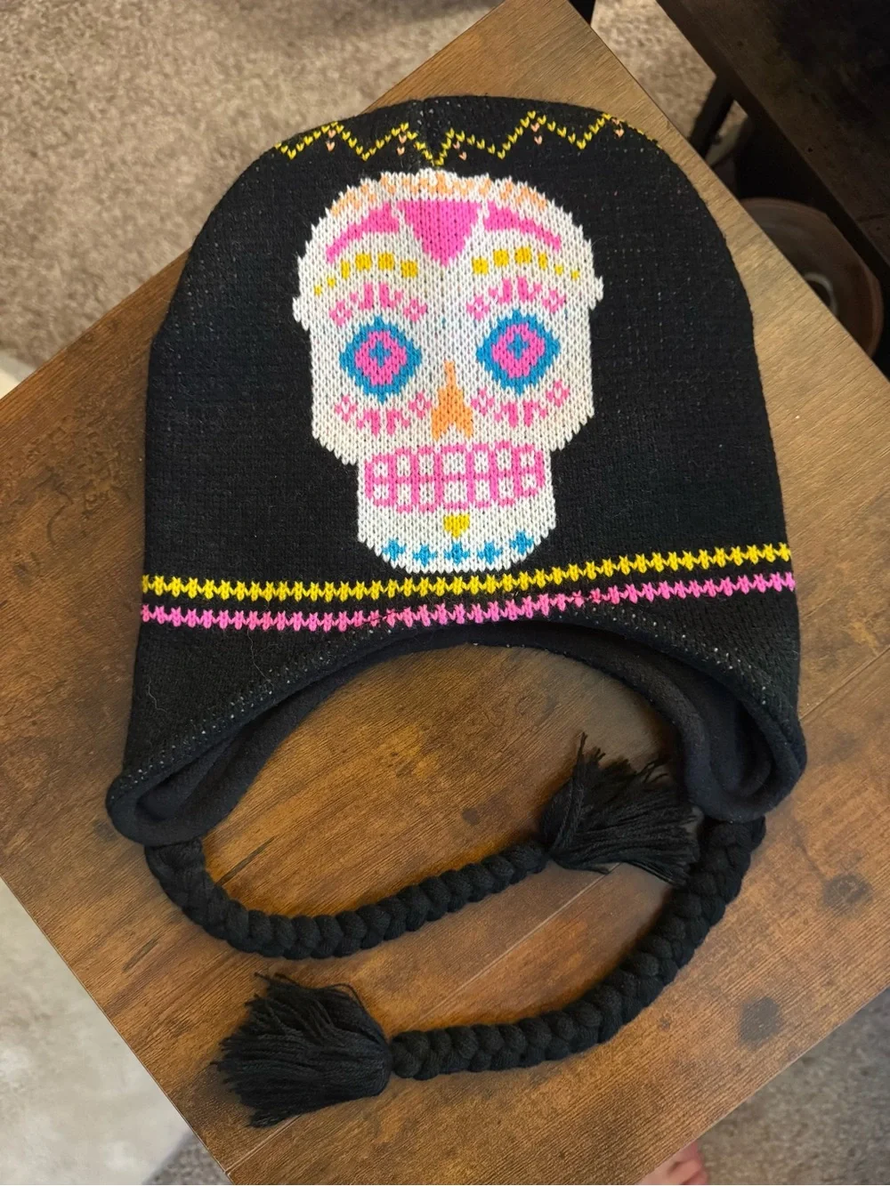 Kids Black Knit Skull Earflap Beanie - Colorful Sugar Skull Design
